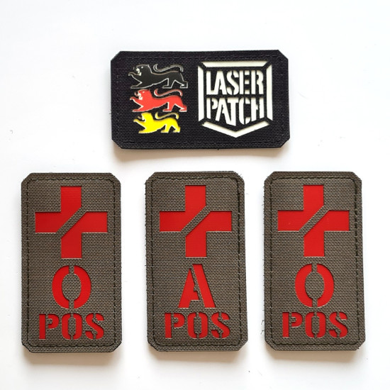 Vertikal Rotes Kreuz mit Blutgruppe - Medizinische Kennung - Lasercut Patch mit Klett